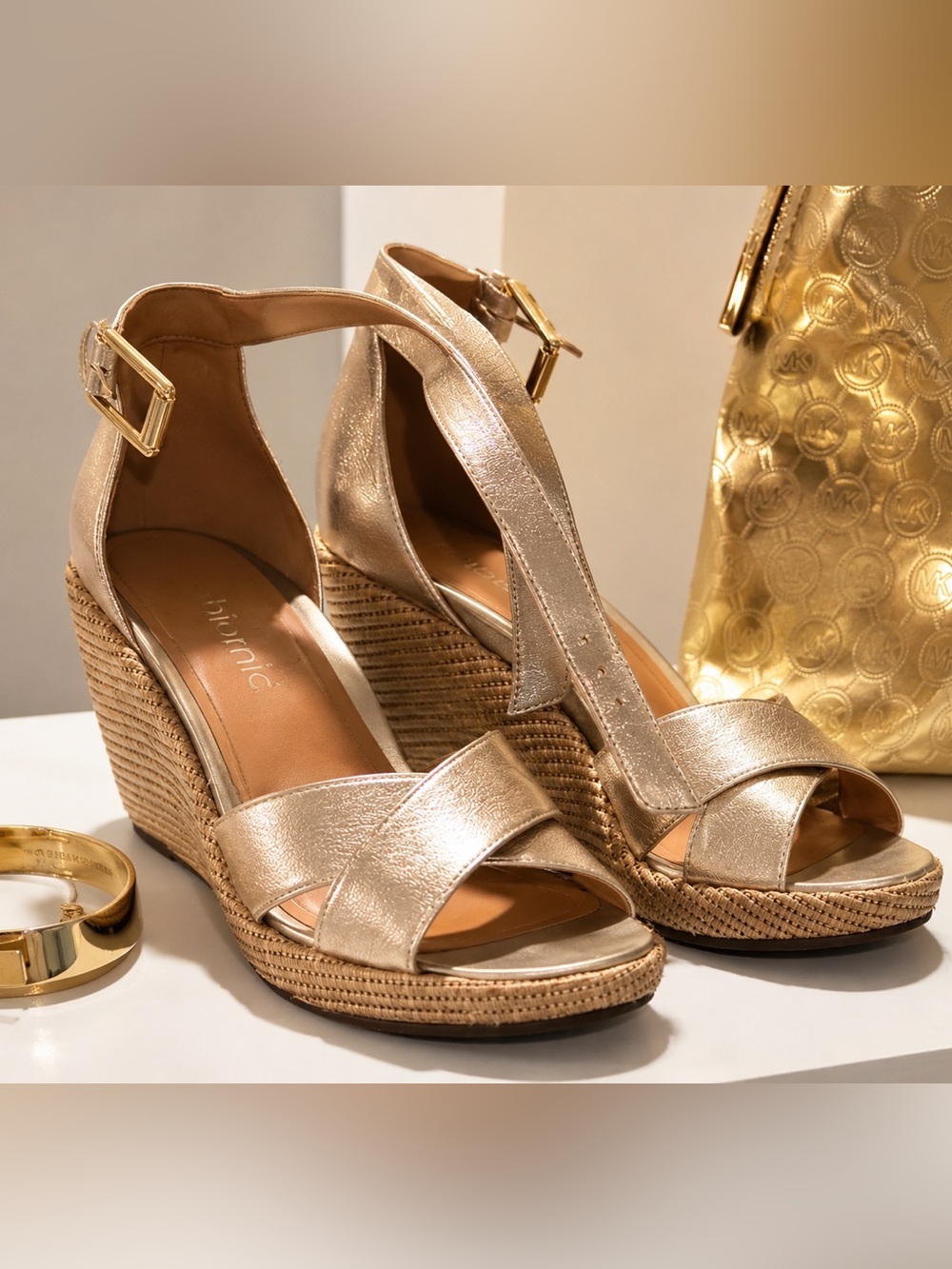 Vionic Metallic Gold Wedge Sandals with Ankle Strap